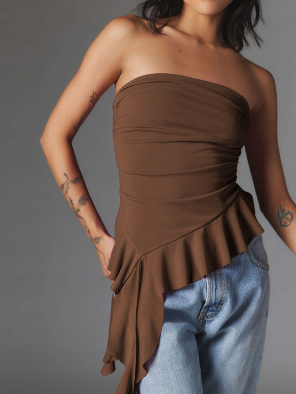 Strapless Tops- Strapless Asymmetric Ruffle Tube Top for Women- Coffee- IndioGear Fashion and Gear