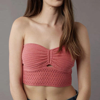 Strapless Tops- Women's Knitting Strapless Tube Knot-Bust Crop Top- Pink- IndioGear.com