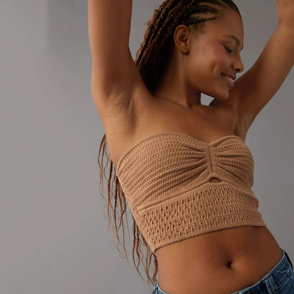 Strapless Tops- Women's Knitting Strapless Tube Knot-Bust Crop Top- Brown- IndioGear.com