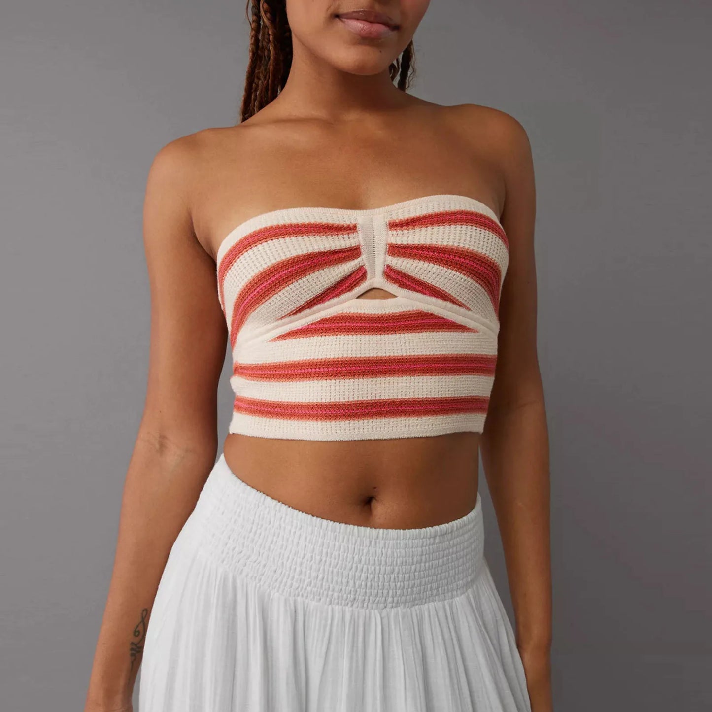 Strapless Tops- Women's Knitting Strapless Tube Knot-Bust Crop Top- Red Apricot Stripe- IndioGear.com