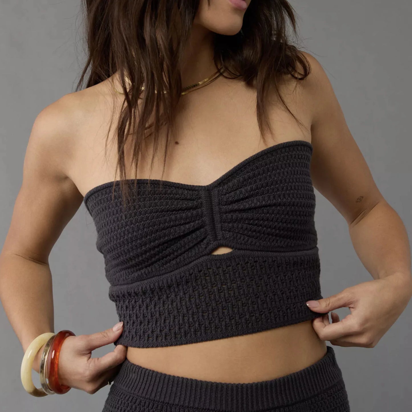 Strapless Tops- Women's Knitting Strapless Tube Knot-Bust Crop Top- Black- IndioGear.com