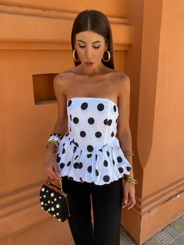 Strapless Tops- Women's Strapless Peplum Top in Polka Dot Print- - IndioGear.com