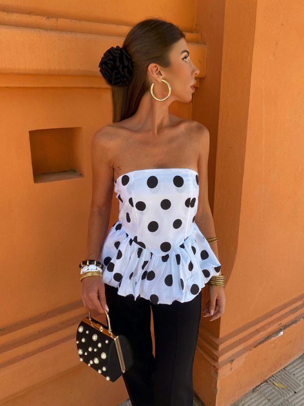 Strapless Tops- Women's Strapless Peplum Top in Polka Dot Print- - IndioGear.com