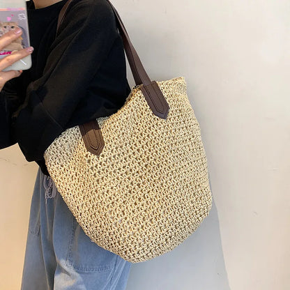 Straw Bags- Natural Straw Zippered Tote for Casual & Beach Outings- Beige- IndioGear Fashion and Gear