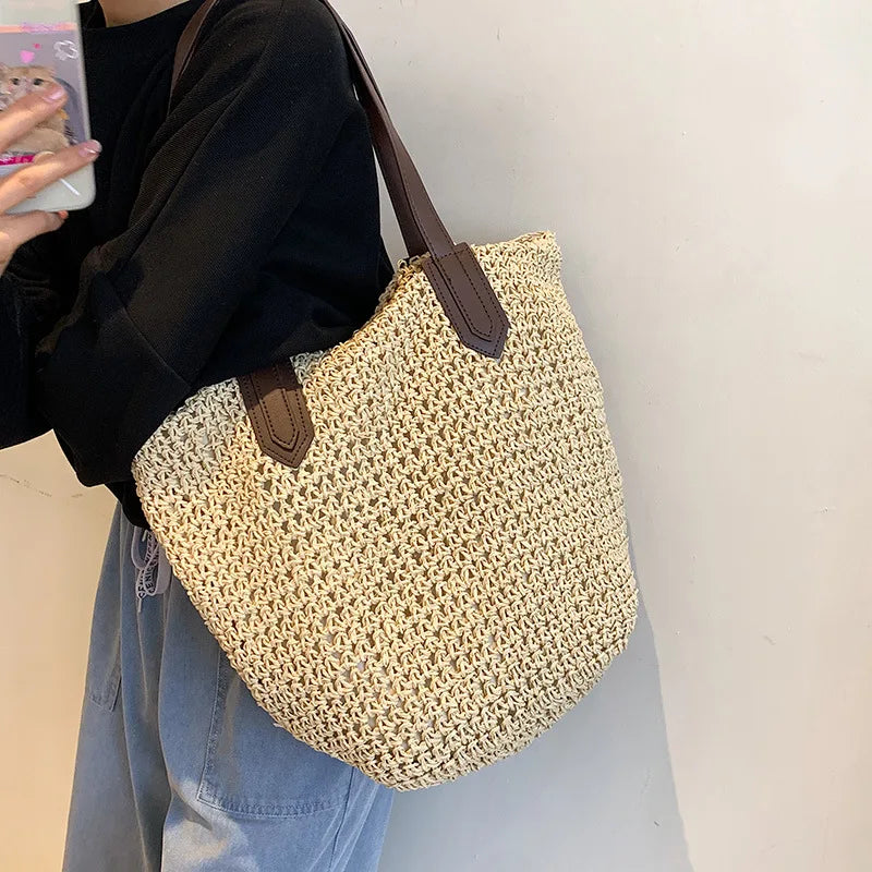 Straw Bags- Natural Straw Zippered Tote for Casual & Beach Outings- - IndioGear Fashion and Gear