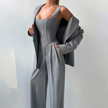 Suits- Structured Suit 3 Piece for Professional Women Blazer Top and Pants- Gray 3 piece- IndioGear Women Clothing