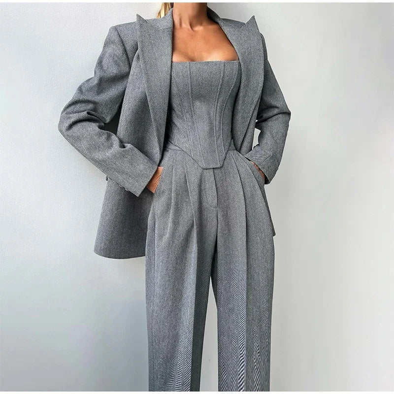 Suits- Structured Suit 3 Piece for Professional Women Blazer Top and Pants- - IndioGear Women Clothing