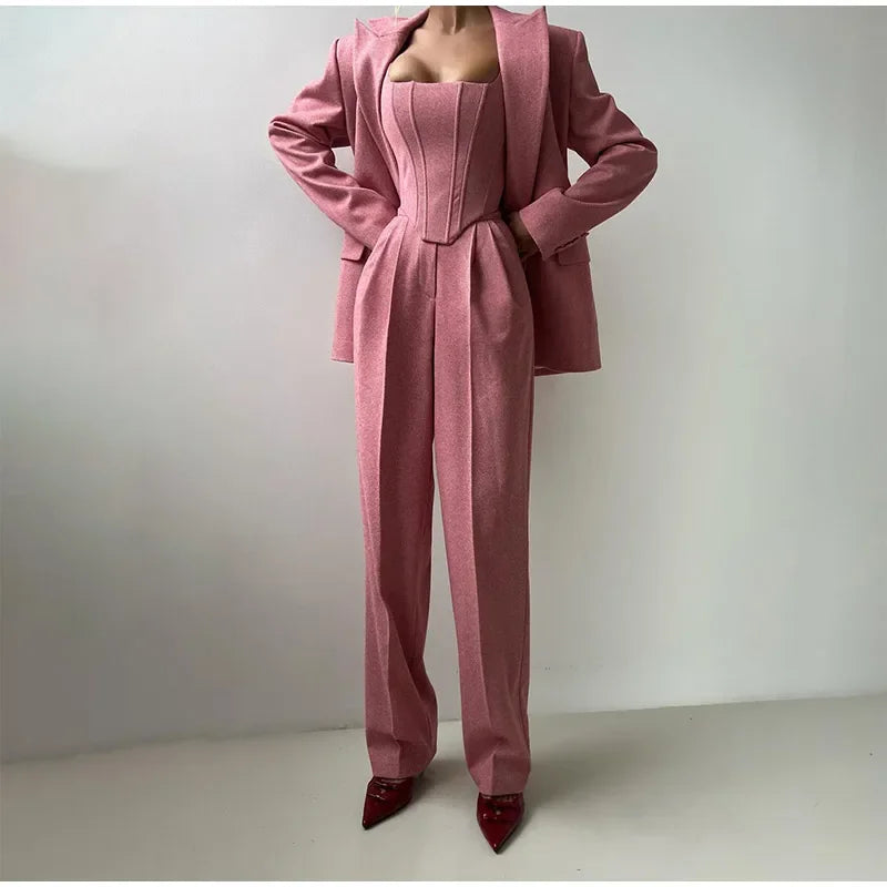 Suits- Structured Suit 3 Piece for Professional Women Blazer Top and Pants- - IndioGear Women Clothing