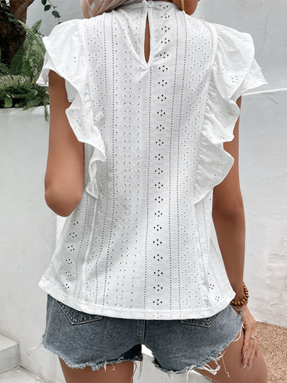 Summer Blouses- Eyelet Ruffle Panel T-Shirt Blouse for Versatile Summer Looks- - IndioGear.com