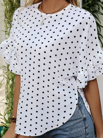 Summer Blouses- Polka Dot Women's Curved Blouse with Layered Sleeves- - IndioGear.com