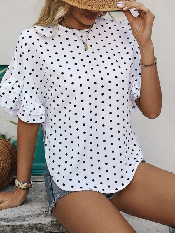 Summer Blouses- Polka Dot Women's Curved Blouse with Layered Sleeves- - IndioGear.com