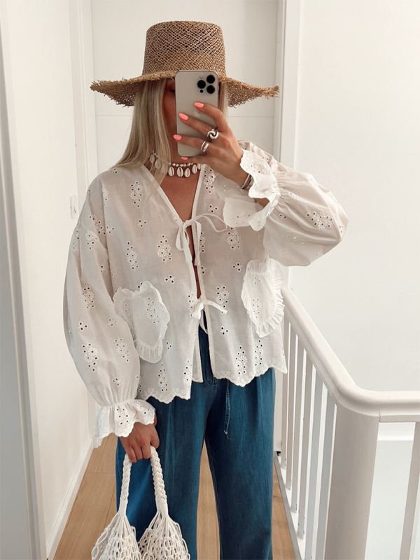 Summer Blouses- Women's Eyelet Tie-Up Blouse for Casual Outings- White- IndioGear.com