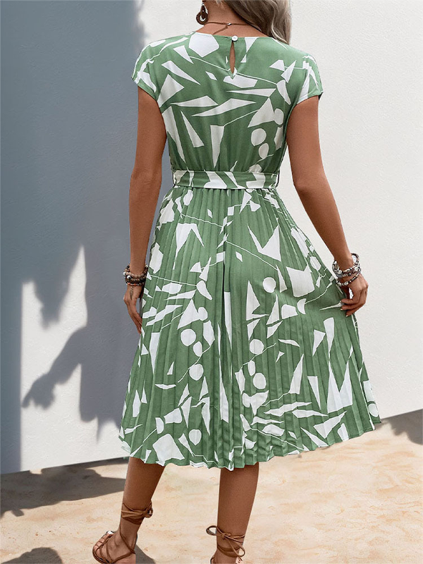 Summer Dresses- Artful Abstract Print Pleated Midi Dress- - IndioGear.com