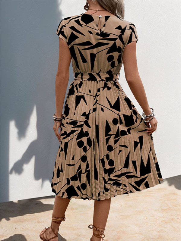 Summer Dresses- Artful Abstract Print Pleated Midi Dress- - IndioGear.com