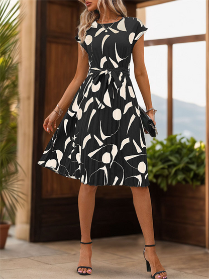 Summer Dresses- Artful Abstract Print Pleated Midi Dress- - IndioGear.com