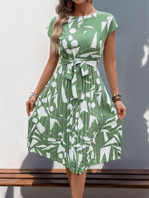 Summer Dresses- Artful Abstract Print Pleated Midi Dress- - IndioGear.com