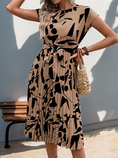 Summer Dresses- Artful Abstract Print Pleated Midi Dress- - IndioGear.com