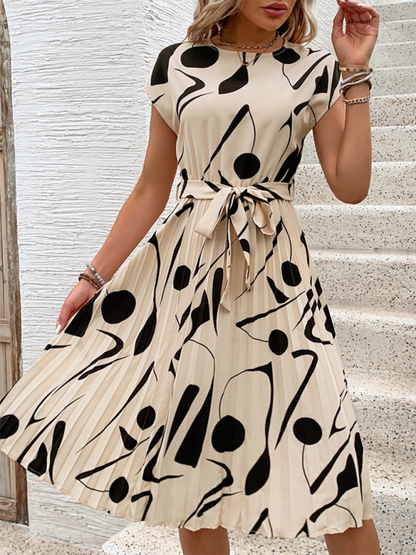 Summer Dresses- Artful Abstract Print Pleated Midi Dress- - IndioGear.com