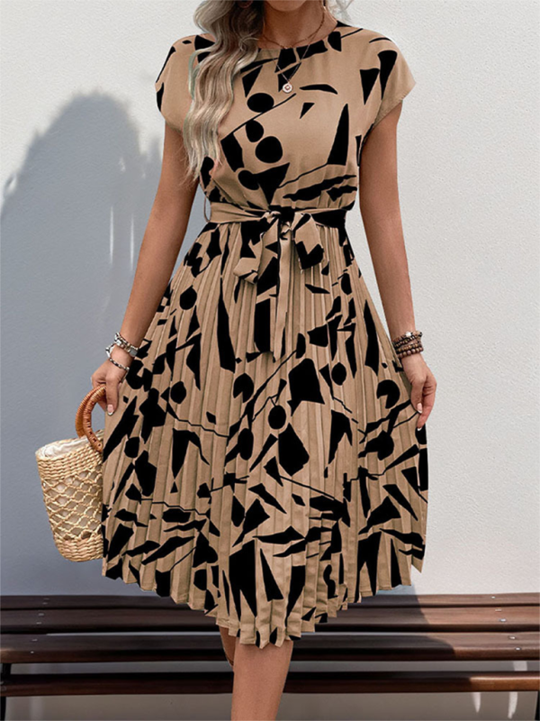 Summer Dresses- Artful Abstract Print Pleated Midi Dress- - IndioGear.com