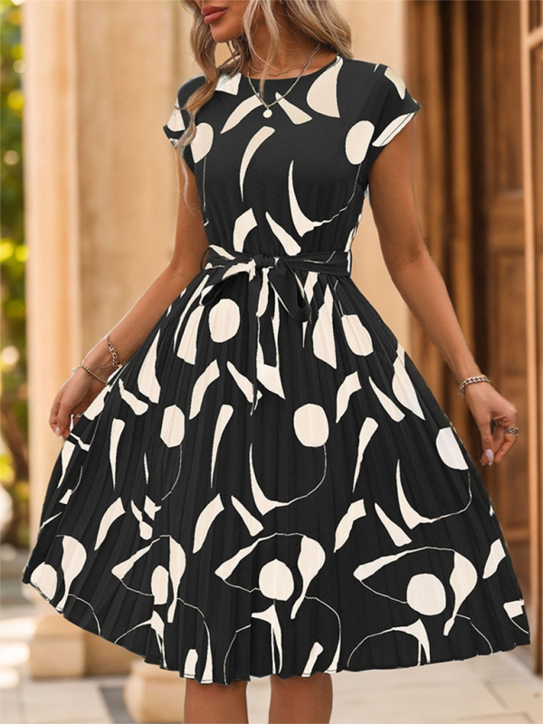 Summer Dresses- Artful Abstract Print Pleated Midi Dress- Black- IndioGear.com