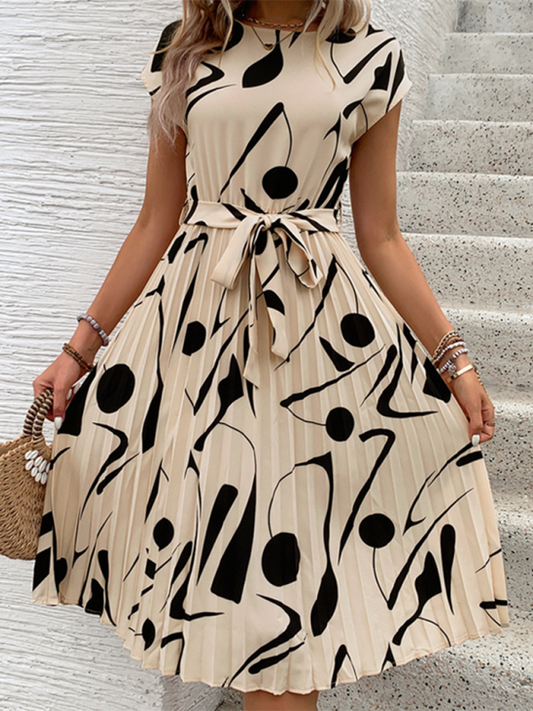 Summer Dresses- Artful Abstract Print Pleated Midi Dress- Cracker khaki- IndioGear.com