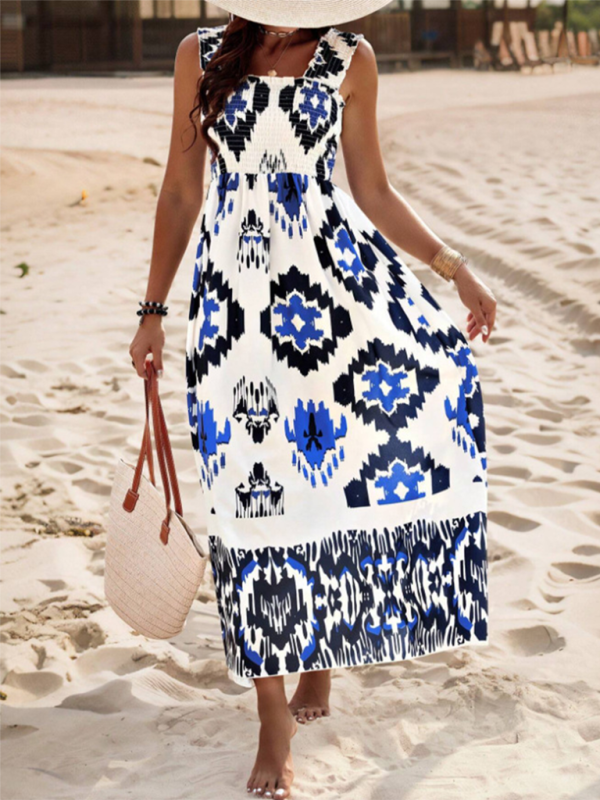 Summer Dresses- Boho Folkloric Print Maxi Dress for Casual Walks & Festive Occasions- Pattern2- IndioGear.com