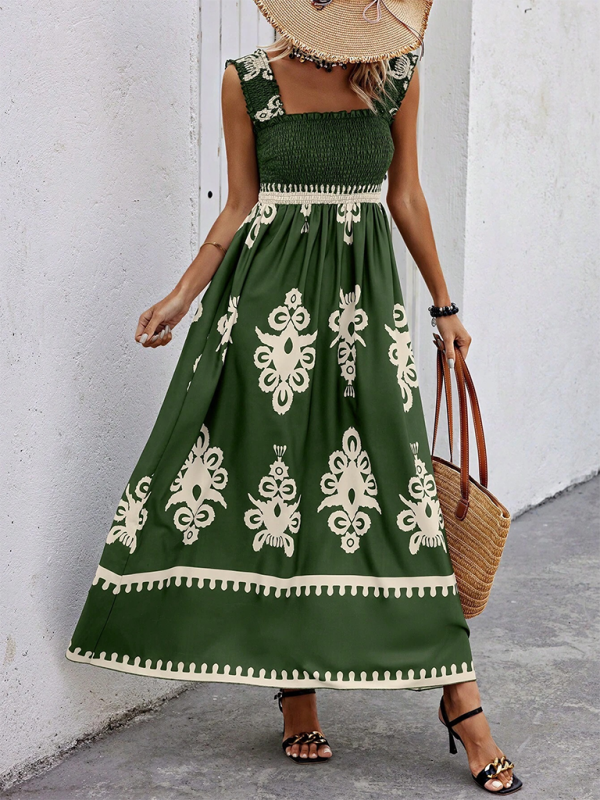 Summer Dresses- Boho Folkloric Print Maxi Dress for Casual Walks & Festive Occasions- Green- IndioGear.com