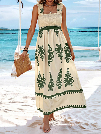 Summer Dresses- Boho Folkloric Print Maxi Dress for Casual Walks & Festive Occasions- Olive green- IndioGear.com