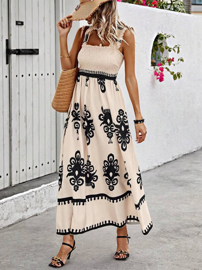 Summer Dresses- Boho Folkloric Print Maxi Dress for Casual Walks & Festive Occasions- - IndioGear.com