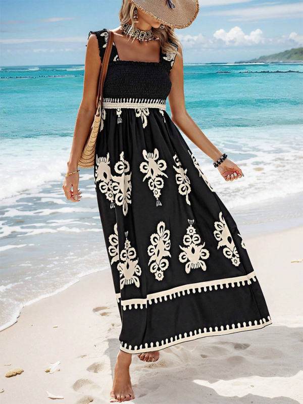 Summer Dresses- Boho Folkloric Print Maxi Dress for Casual Walks & Festive Occasions- - IndioGear.com