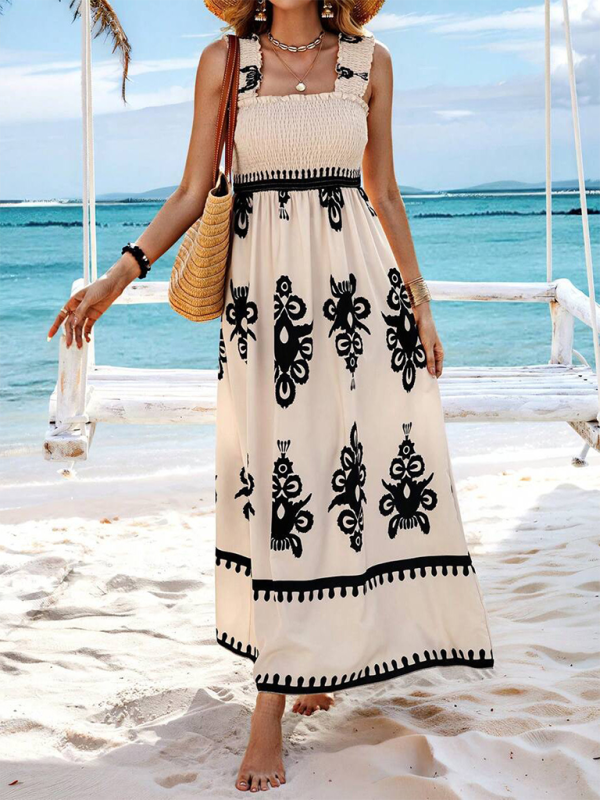 Summer Dresses- Boho Folkloric Print Maxi Dress for Casual Walks & Festive Occasions- - IndioGear.com