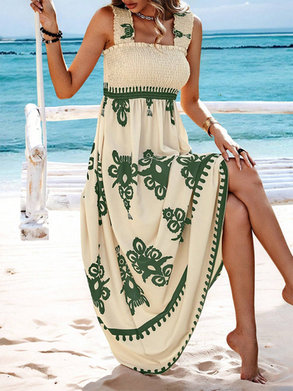 Summer Dresses- Boho Folkloric Print Maxi Dress for Casual Walks & Festive Occasions- - IndioGear.com