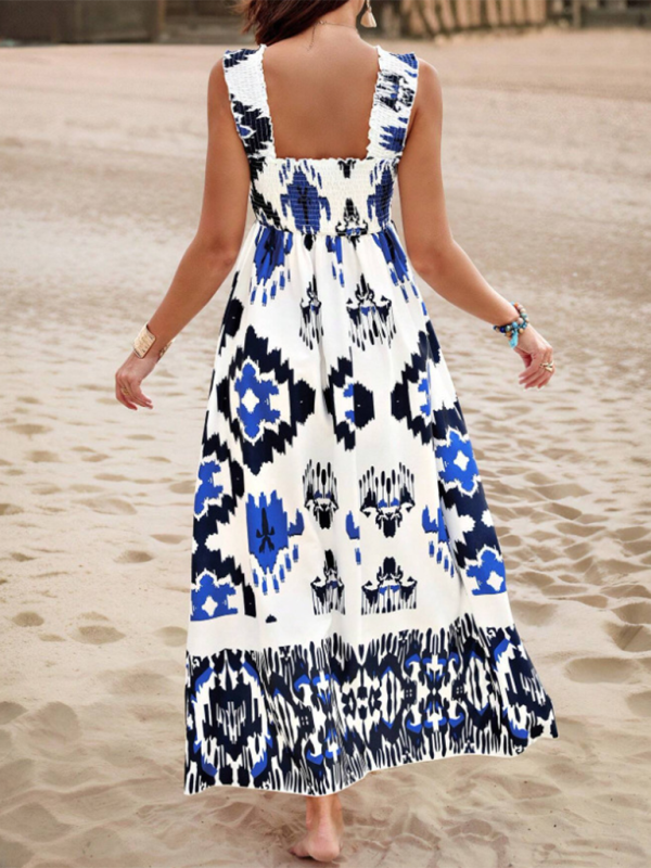 Summer Dresses- Boho Folkloric Print Maxi Dress for Casual Walks & Festive Occasions- - IndioGear.com