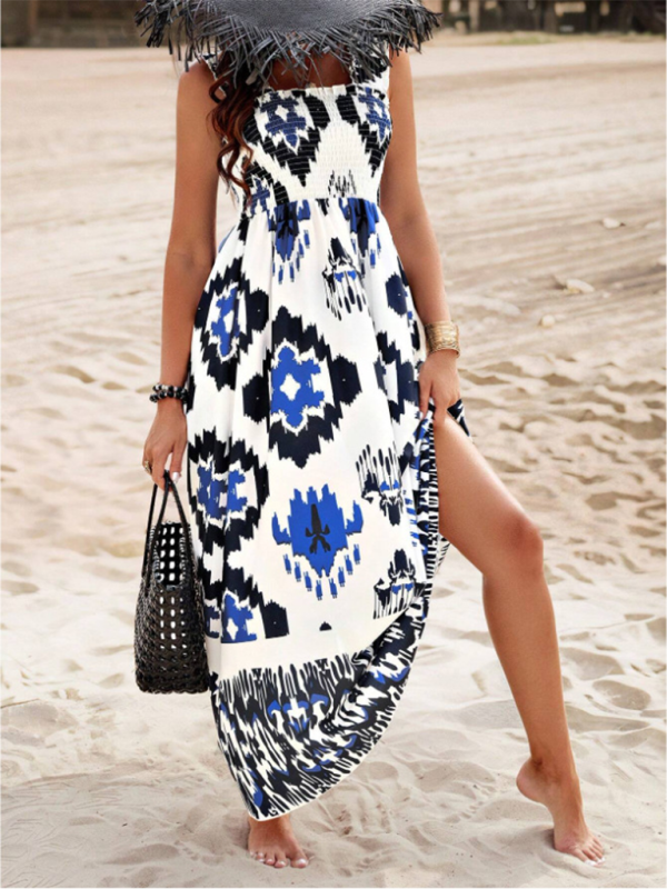 Summer Dresses- Boho Folkloric Print Maxi Dress for Casual Walks & Festive Occasions- - IndioGear.com