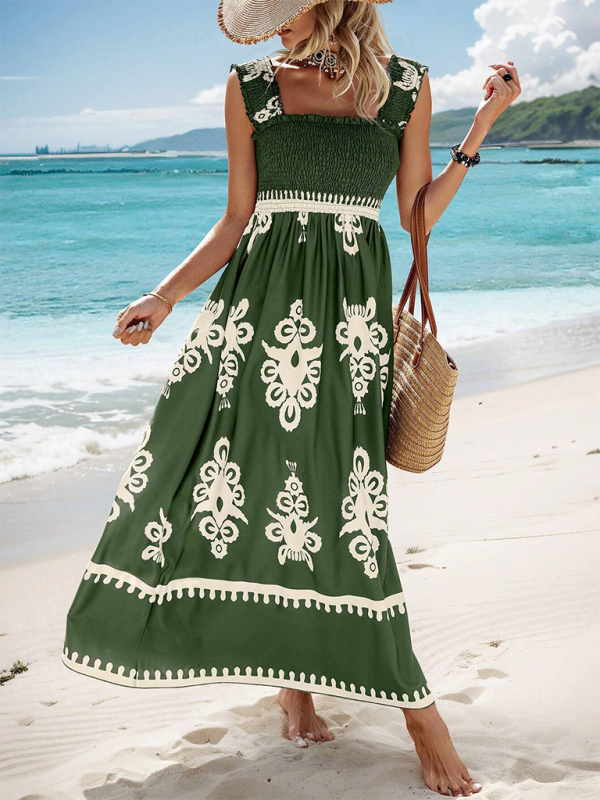 Summer Dresses- Boho Folkloric Print Maxi Dress for Casual Walks & Festive Occasions- - IndioGear.com