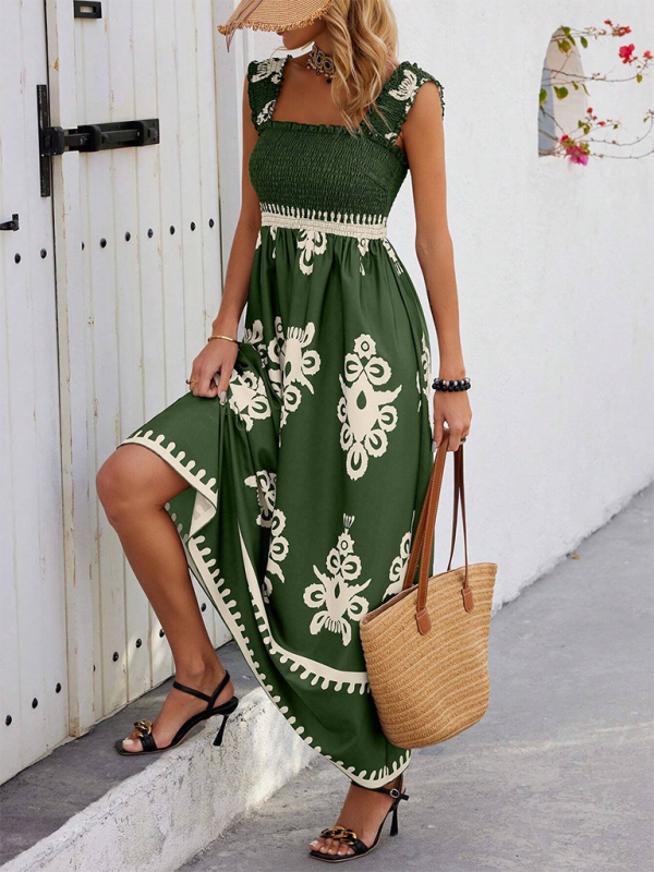 Summer Dresses- Boho Folkloric Print Maxi Dress for Casual Walks & Festive Occasions- - IndioGear.com