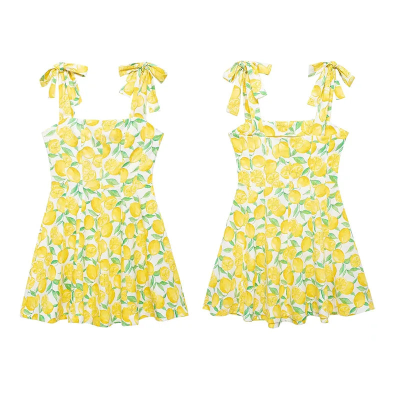 Summer Dresses- Bright Summer Lemon Print Dress for Beach Days and Picnics- - IndioGear.com