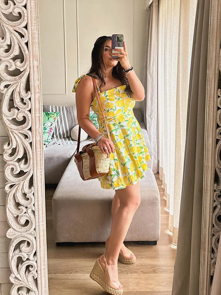 Summer Dresses- Bright Summer Lemon Print Dress for Beach Days and Picnics- - IndioGear.com