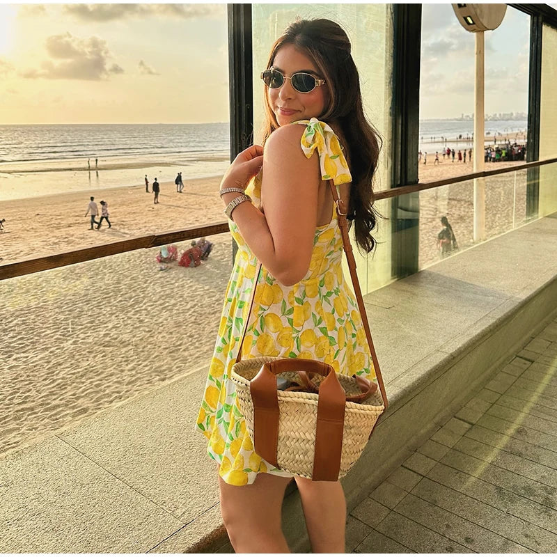 Summer Dresses- Bright Summer Lemon Print Dress for Beach Days and Picnics- - IndioGear.com