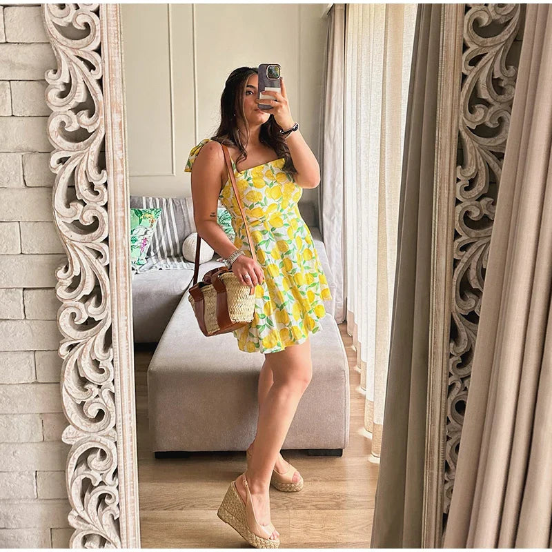 Summer Dresses- Bright Summer Lemon Print Dress for Beach Days and Picnics- - IndioGear.com