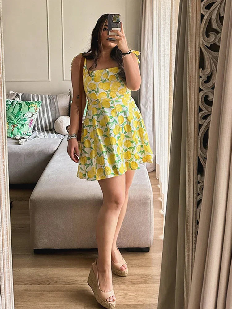 Summer Dresses- Bright Summer Lemon Print Dress for Beach Days and Picnics- - IndioGear.com