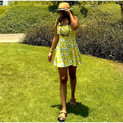 Summer Dresses- Bright Summer Lemon Print Dress for Beach Days and Picnics- - IndioGear.com