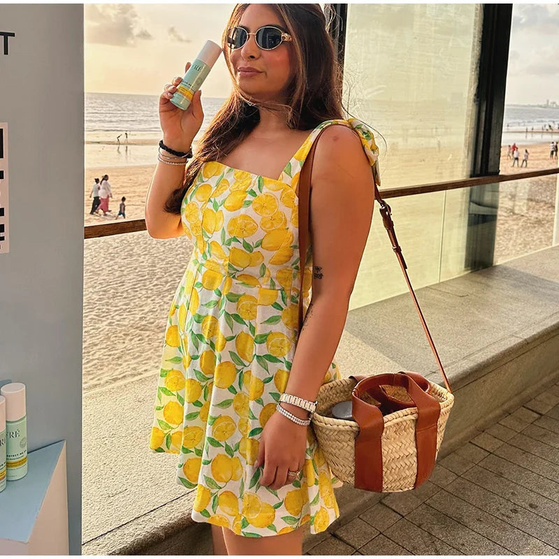 Summer Dresses- Bright Summer Lemon Print Dress for Beach Days and Picnics- - IndioGear.com