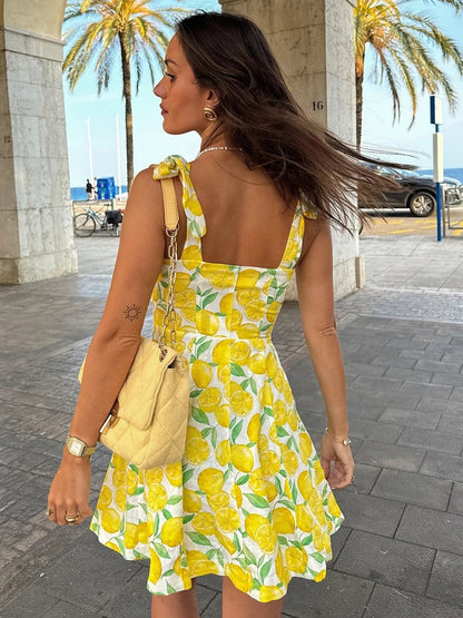 Summer Dresses- Bright Summer Lemon Print Dress for Beach Days and Picnics- - IndioGear.com