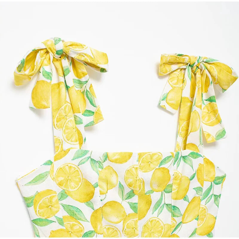 Summer Dresses- Bright Summer Lemon Print Dress for Beach Days and Picnics- - IndioGear.com