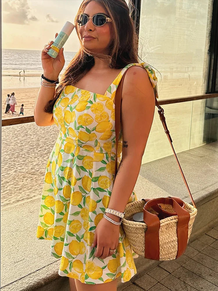 Summer Dresses- Bright Summer Lemon Print Dress for Beach Days and Picnics- - IndioGear.com