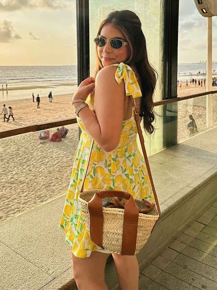 Summer Dresses- Bright Summer Lemon Print Dress for Beach Days and Picnics- - IndioGear.com