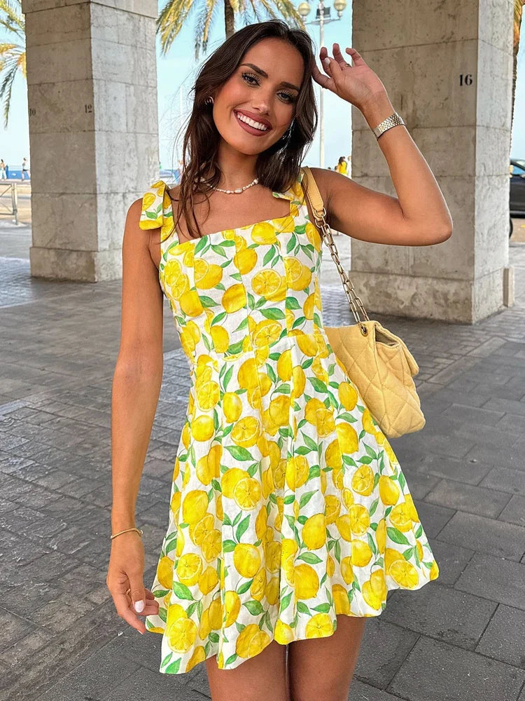 Summer Dresses- Bright Summer Lemon Print Dress for Beach Days and Picnics- Yellow- IndioGear.com