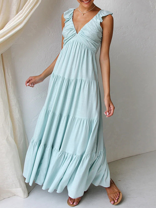 Summer Dresses- Casual Bohemian Cotton Tiered Maxi Dress- - IndioGear Women Clothing