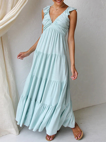 Summer Dresses- Casual Bohemian Cotton Tiered Maxi Dress- - IndioGear Women Clothing